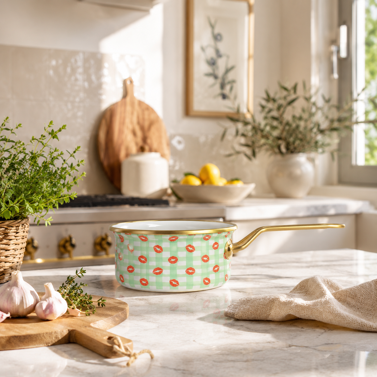 Casserole Vichy 16cm à motif bisous sur marbre, mise en scène cuisine lumineuse avec herbes et ail