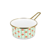 Casserole Vichy 16cm en acier émaillé Menastyl, motif vichy vert et bisous rouges, liseré doré