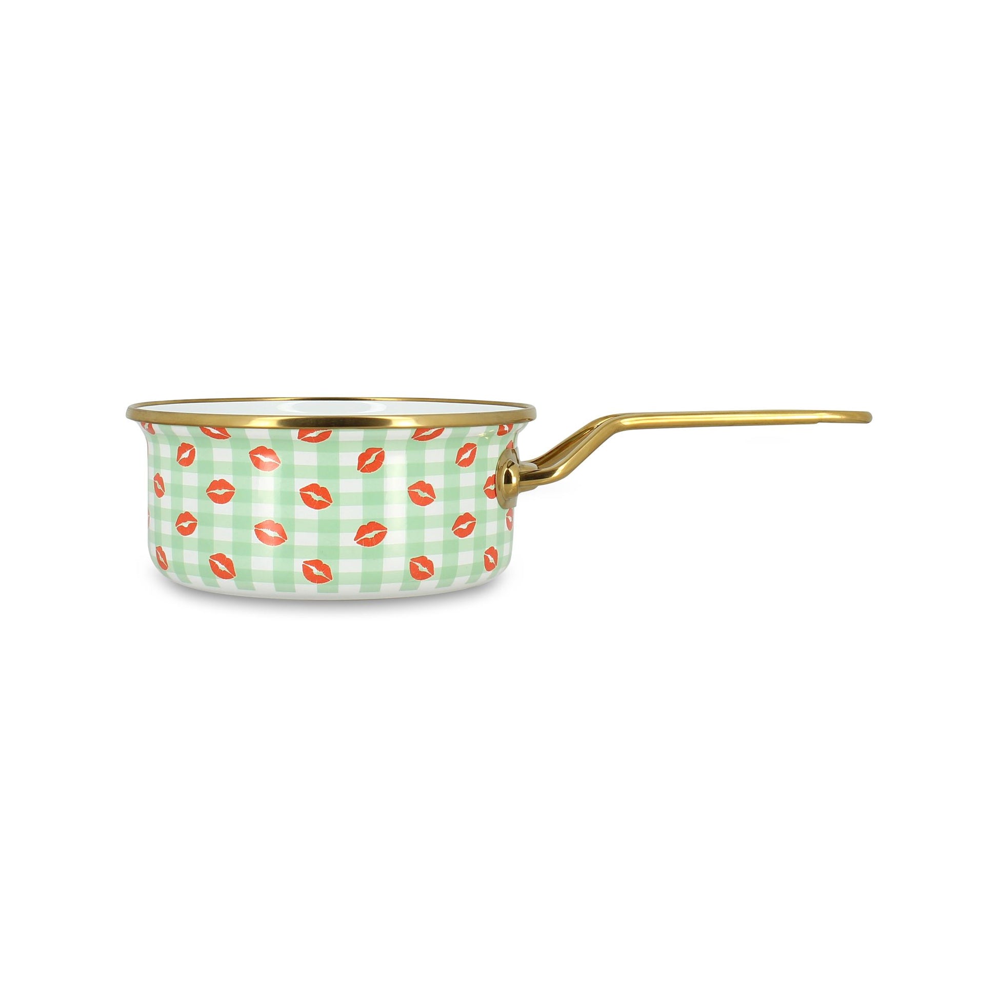 Casserole 16cm en acier émaillé motif vichy vert et bisous rouges, vue de profil avec anse dorée