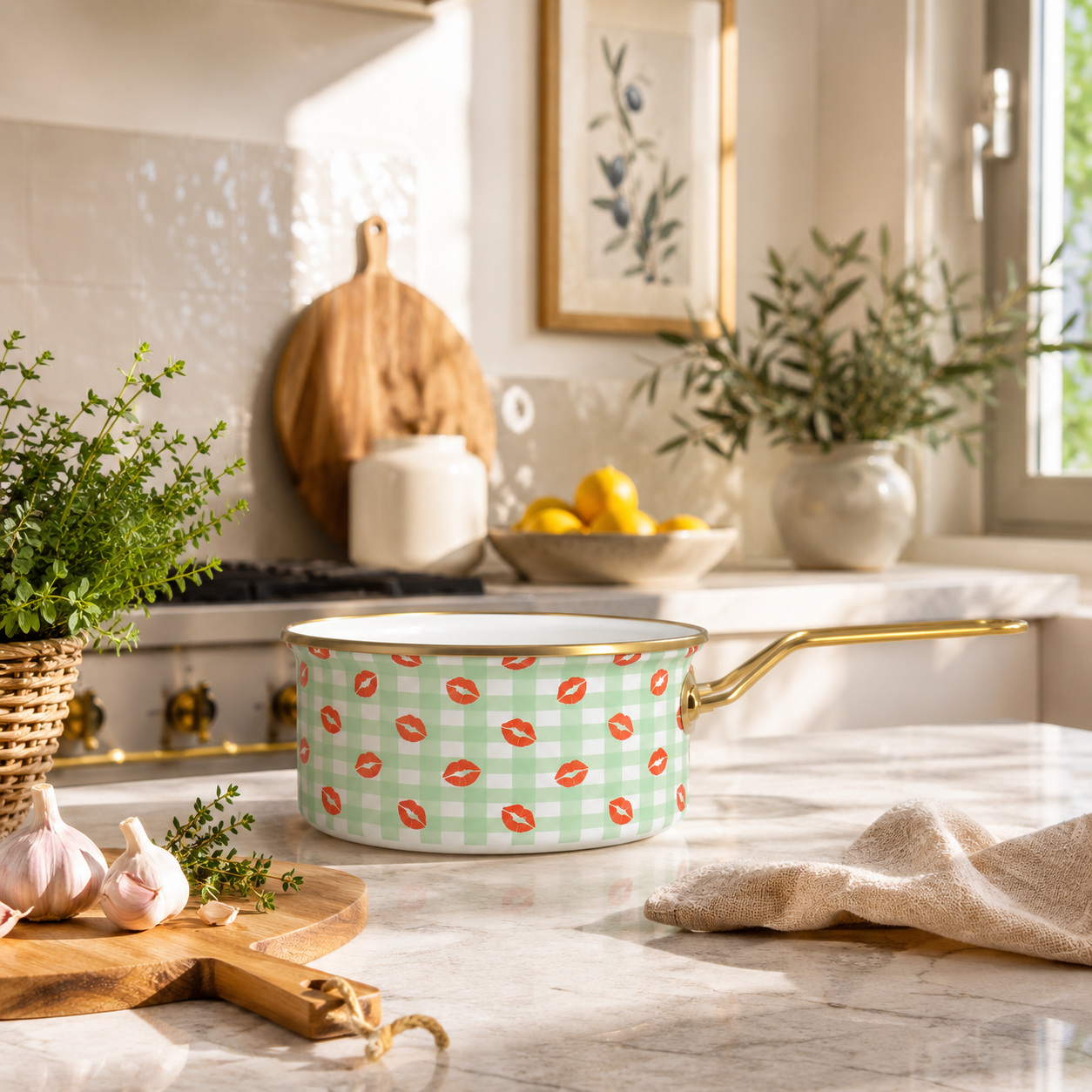 Casserole Vichy 18cm en acier émaillé vert motif bisous et vichy, posée sur plan de travail marbre dans cuisine moderne