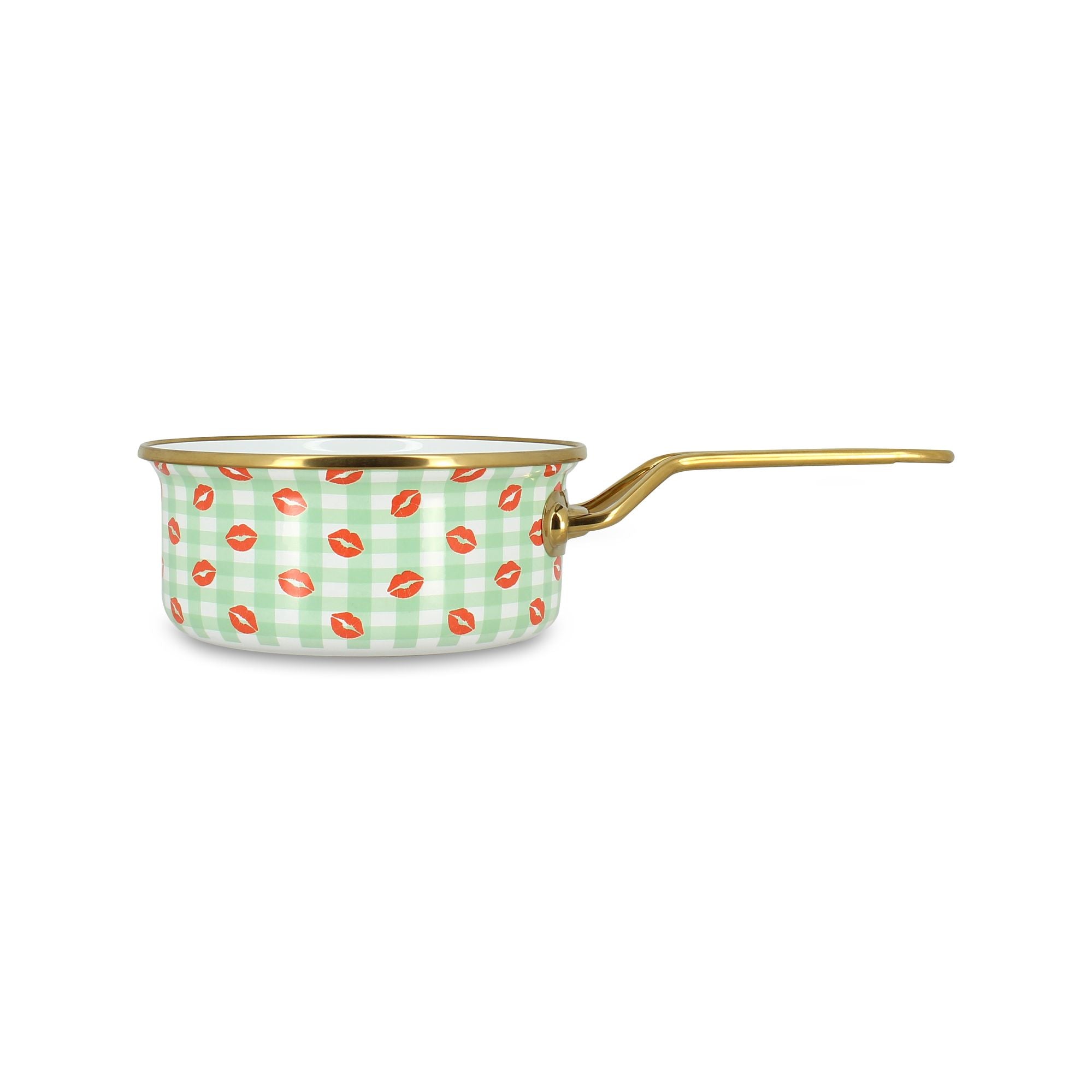 Casserole 18cm acier émaillé motif vichy vert et bisous rouges, vue latérale avec manche doré