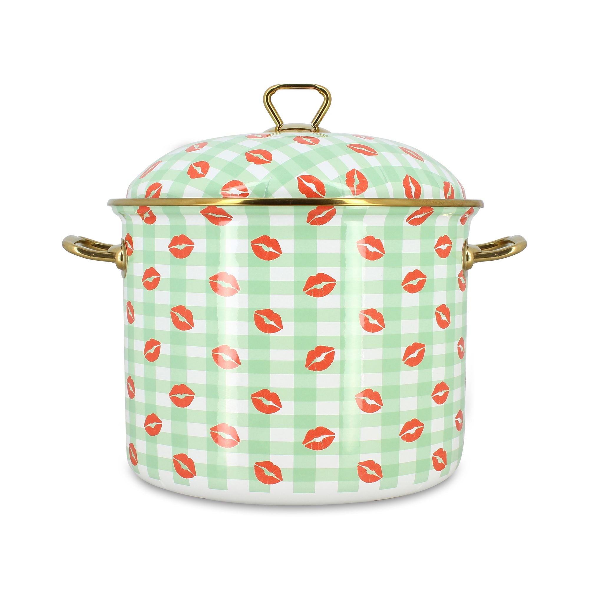Marmite Vichy 24cm en acier émaillé Menastyl, motif vichy vert et bisous rouges, couvercle et anses dorées