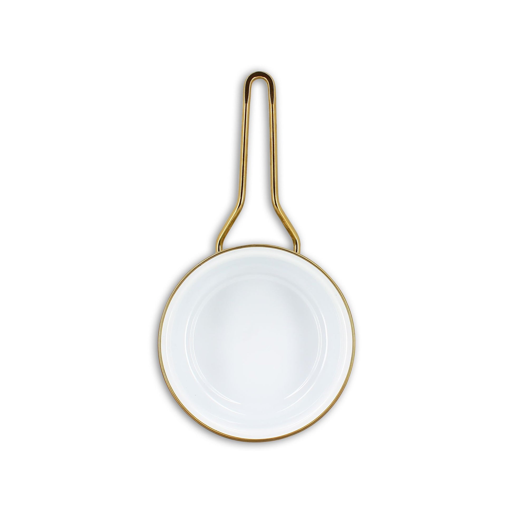 Vue de dessus casserole Vichy Cerise 16cm en acier émaillé blanc, bord doré et anse assortie