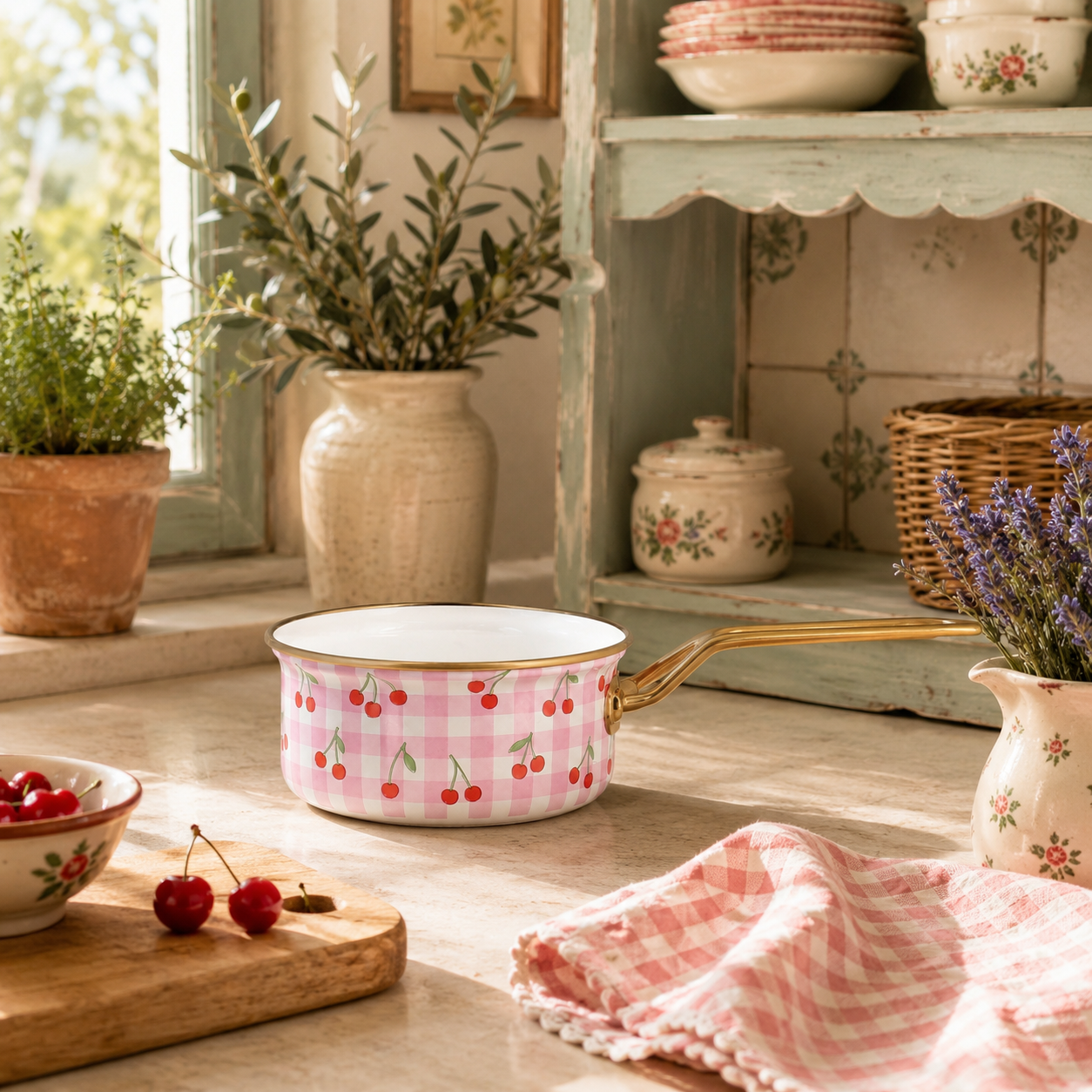 Casserole Vichy Cerise 16cm rose à carreaux et cerises, mise en scène cuisine campagne chic avec cherries fraîches
