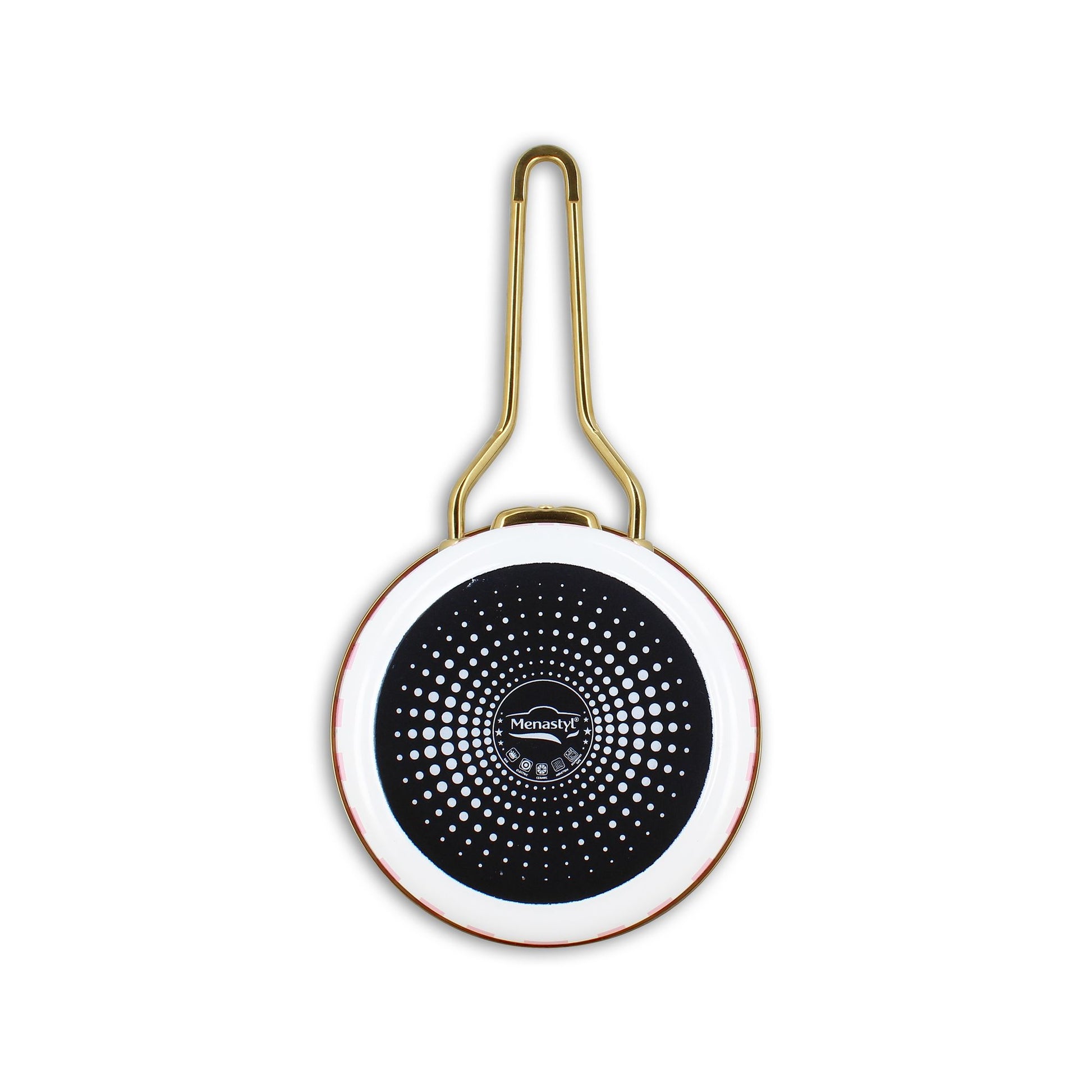 Vue intérieure casserole Vichy Cerise 16cm, fond noir émaillé avec motif de points blancs en spirale