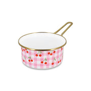 Casserole 16cm en acier émaillé motif vichy rose et cerises rouges Menastyl, vue de trois quarts avec anse dorée