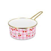 Casserole Vichy Cerise 18cm en acier émaillé rose à carreaux Menastyl, motif cerises rouges, liseré doré