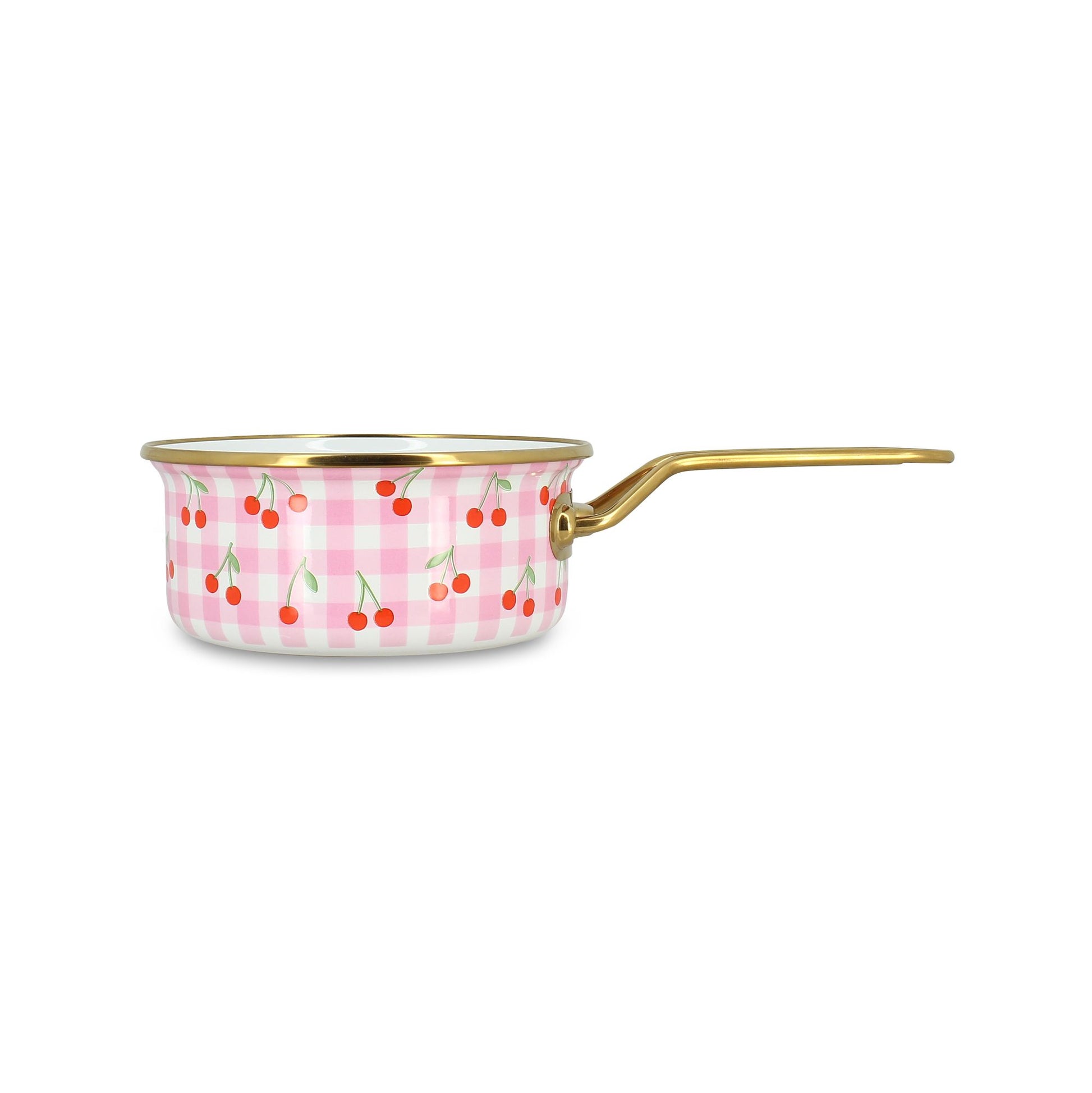 Casserole 18cm Vichy Cerise à motif carreaux roses et cerises rouges, manche doré, acier émaillé