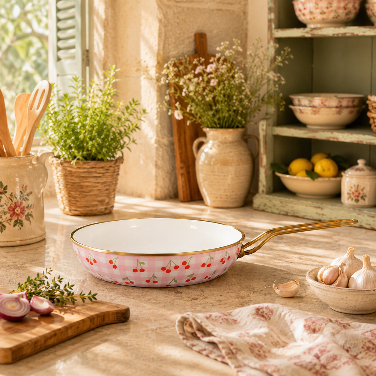Poêle Vichy Cerise 20cm en acier émaillé rose à motifs cerises, posée sur plan de travail dans cuisine campagne chic