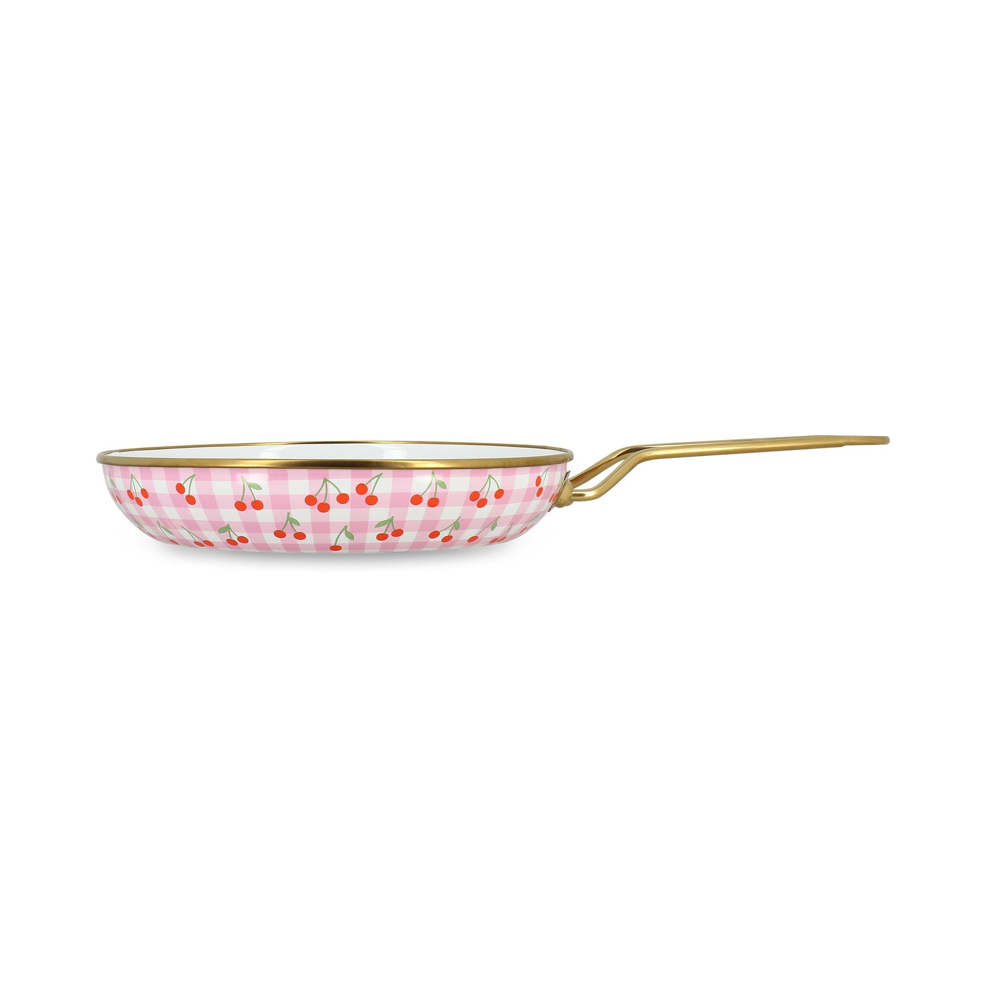 Poêle Vichy Cerise 20cm en acier émaillé rose à motifs cerises et carreaux vichy Menastyl, vue de profil