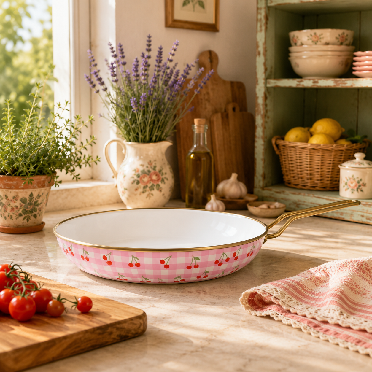 Poêle Vichy Cerise 24cm rose à carreaux et cerises en acier émaillé dans une cuisine champêtre avec légumes frais