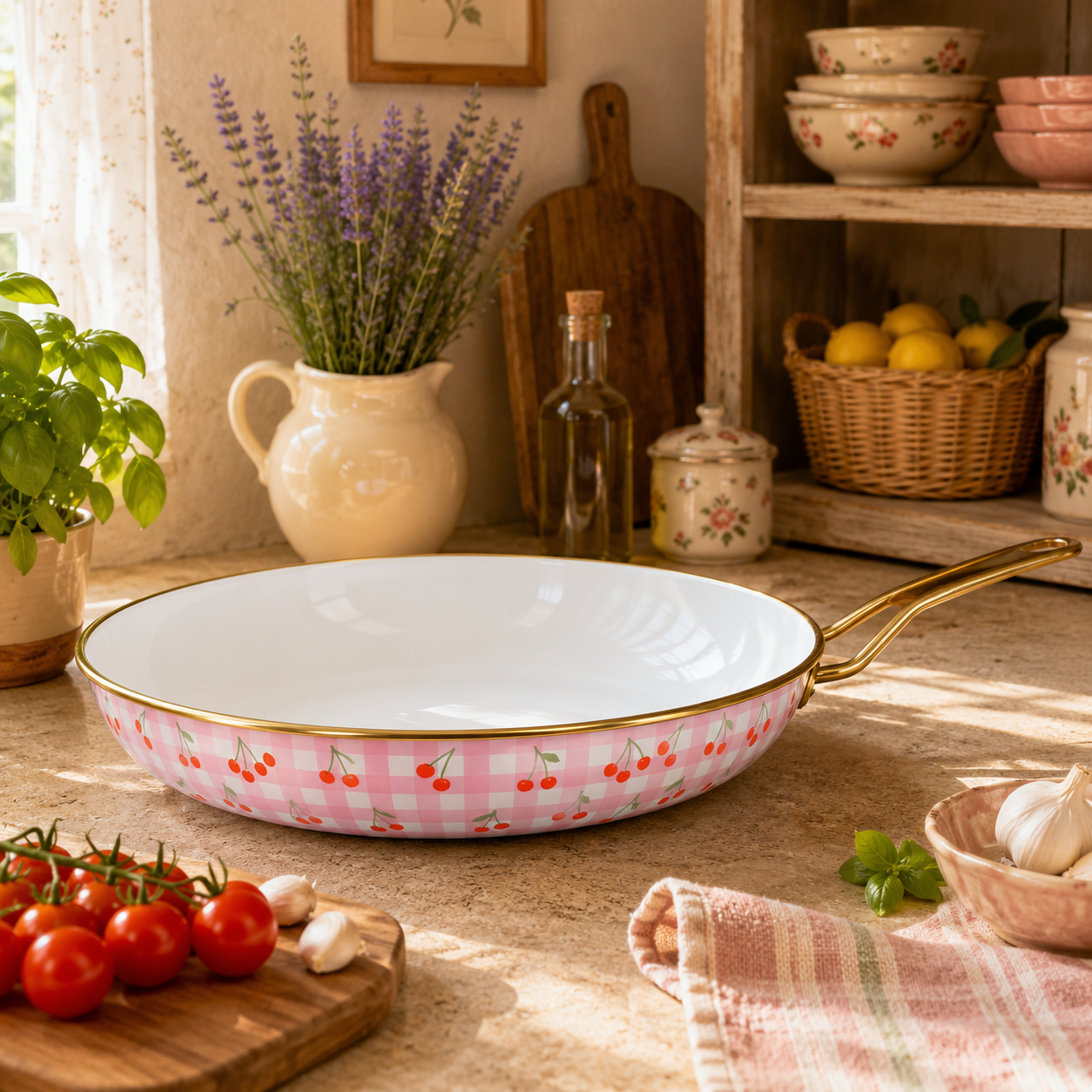 Poêle Vichy Cerise 28cm rose à motifs cerises et vichy, posée sur plan de travail dans cuisine champêtre