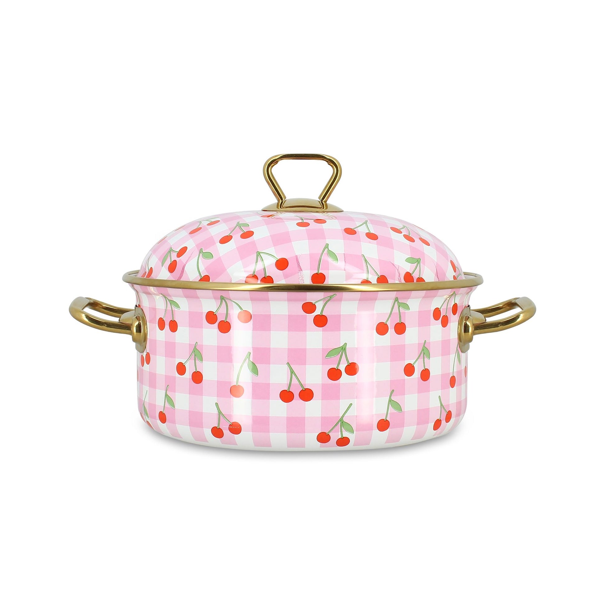 Faitout Vichy Cerise 20cm Menastyl en acier émaillé rose à carreaux et motifs cerises, avec couvercle et poignées dorées