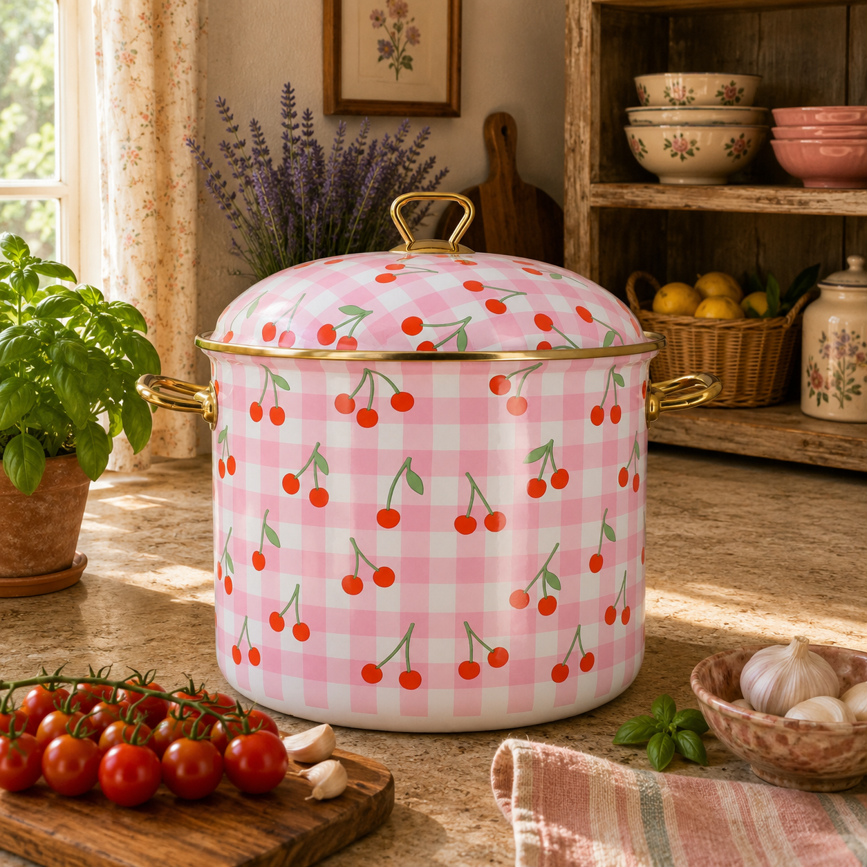Marmite Vichy Cerise 24cm en acier émaillé rose à motif cerises et vichy, mise en scène cuisine campagne chic