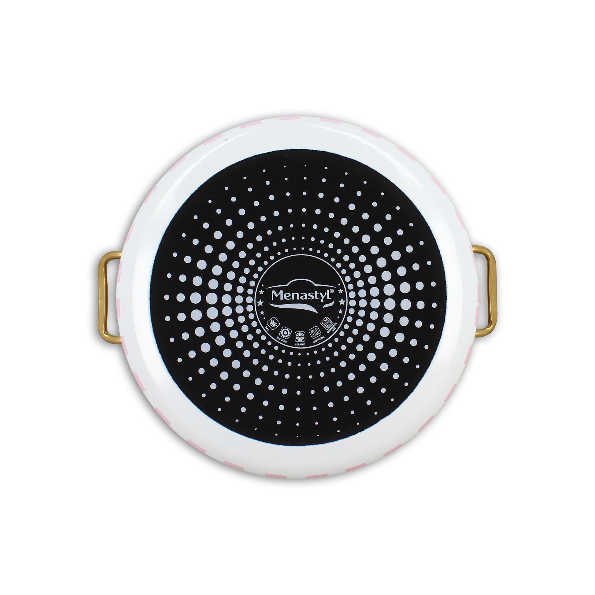 Vue de dessus marmite Vichy Cerise 24cm, fond noir à pois blancs en acier émaillé avec anses dorées