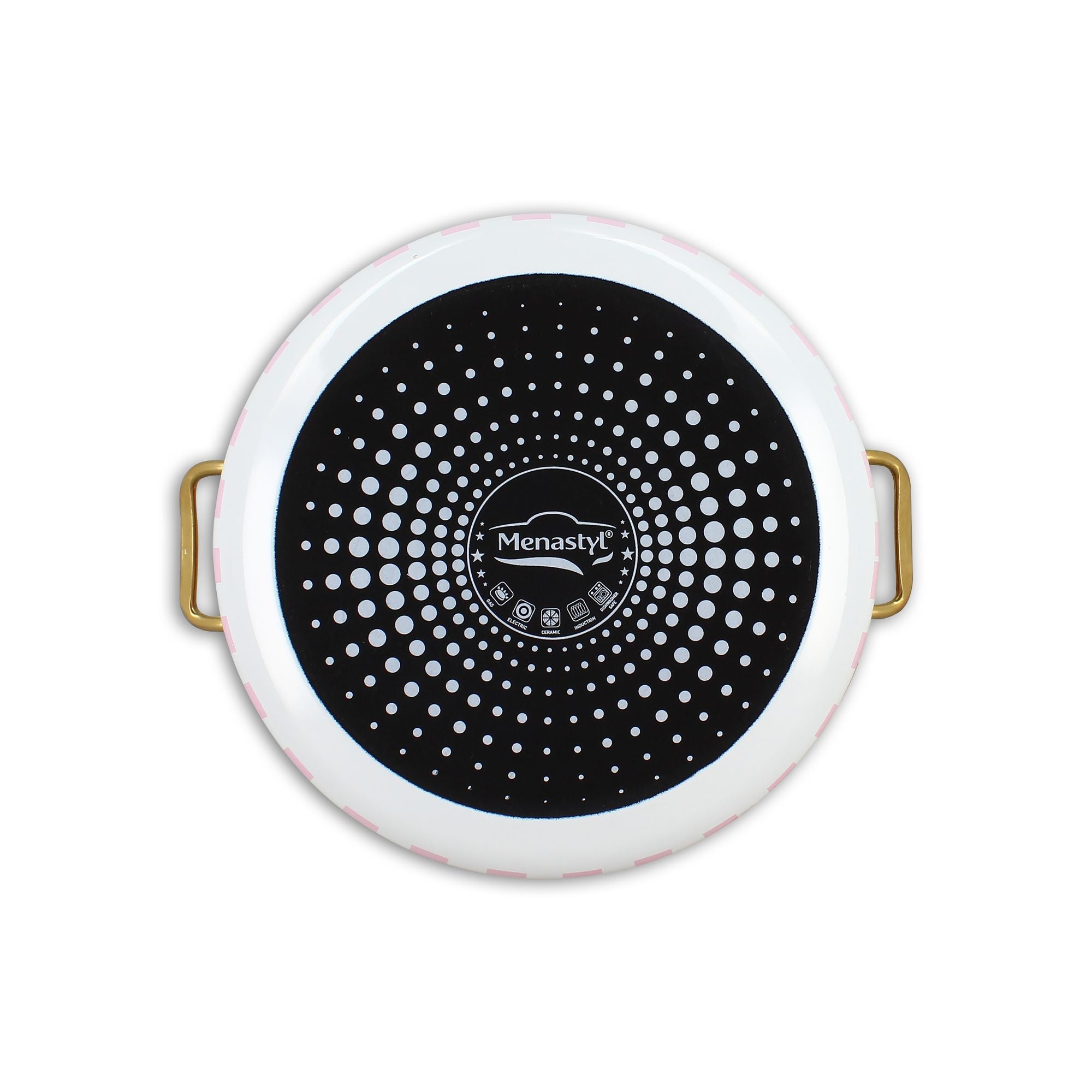Vue de dessus marmite Vichy Cerise 24cm, fond noir à pois blancs en acier émaillé avec anses dorées