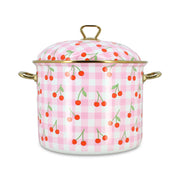 Marmite Vichy Cerise 24cm en acier émaillé Menastyl, motif carreaux roses et cerises rouges, avec couvercle et anses dorées