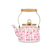 Bouilloire Vichy Cerise 2.5L en acier émaillé Menastyl, motif carreaux roses et cerises rouges, anse bois