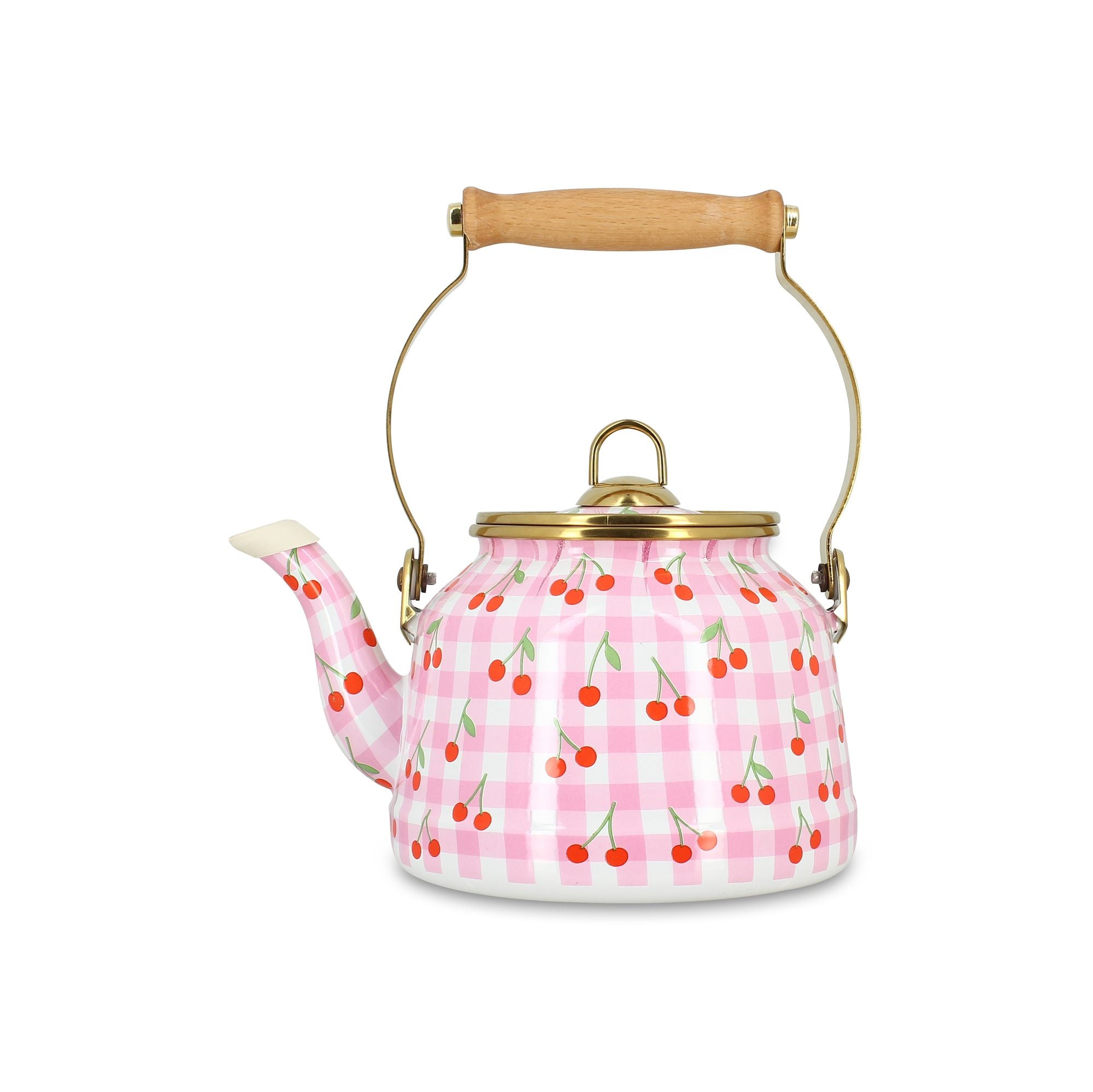 Bouilloire Vichy Cerise 2.5L en acier émaillé Menastyl, motif carreaux roses et cerises rouges, anse bois