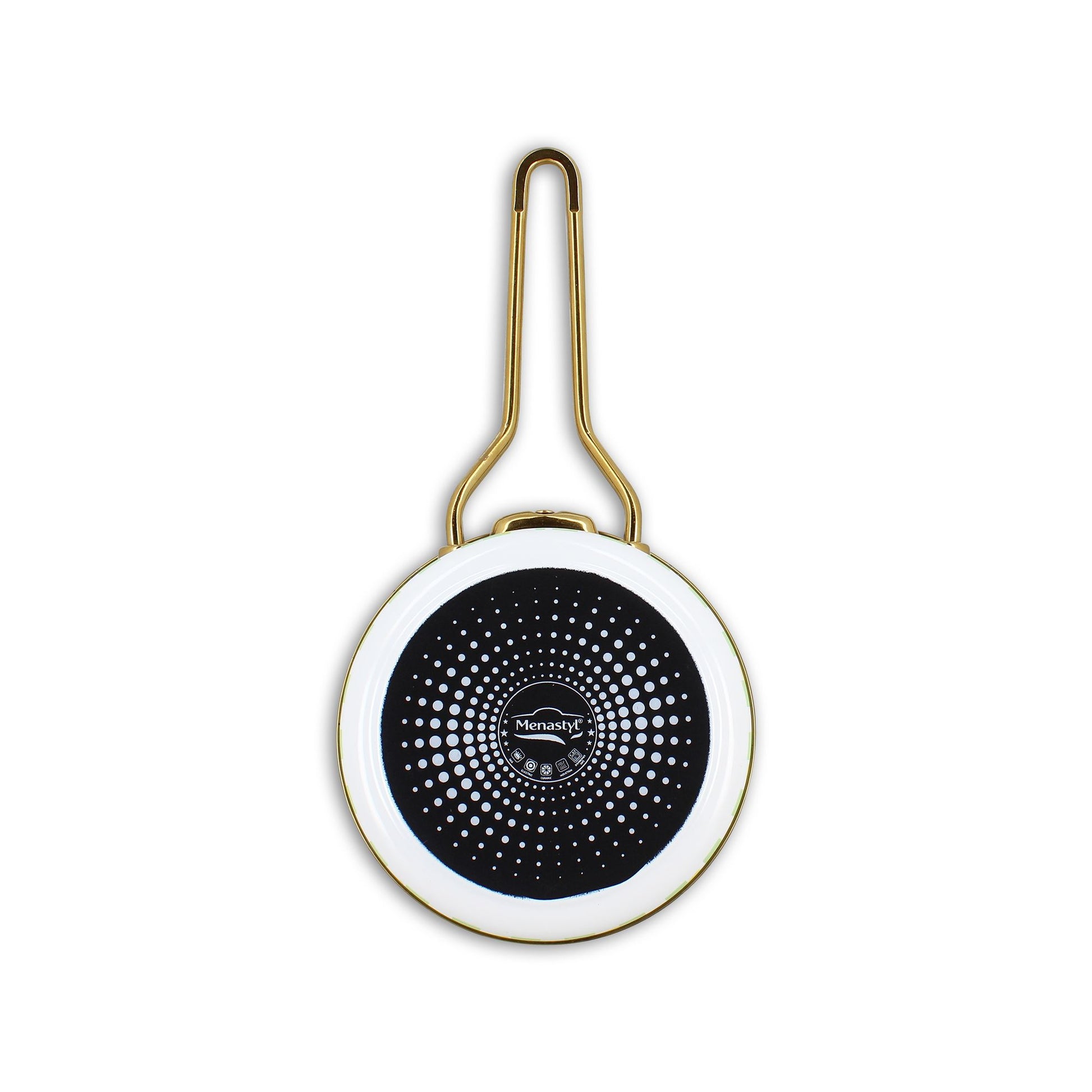 Vue du dessous de la casserole Vichy Citron 16cm montrant le fond en acier émaillé noir avec motif de points concentriques et bordure blanche