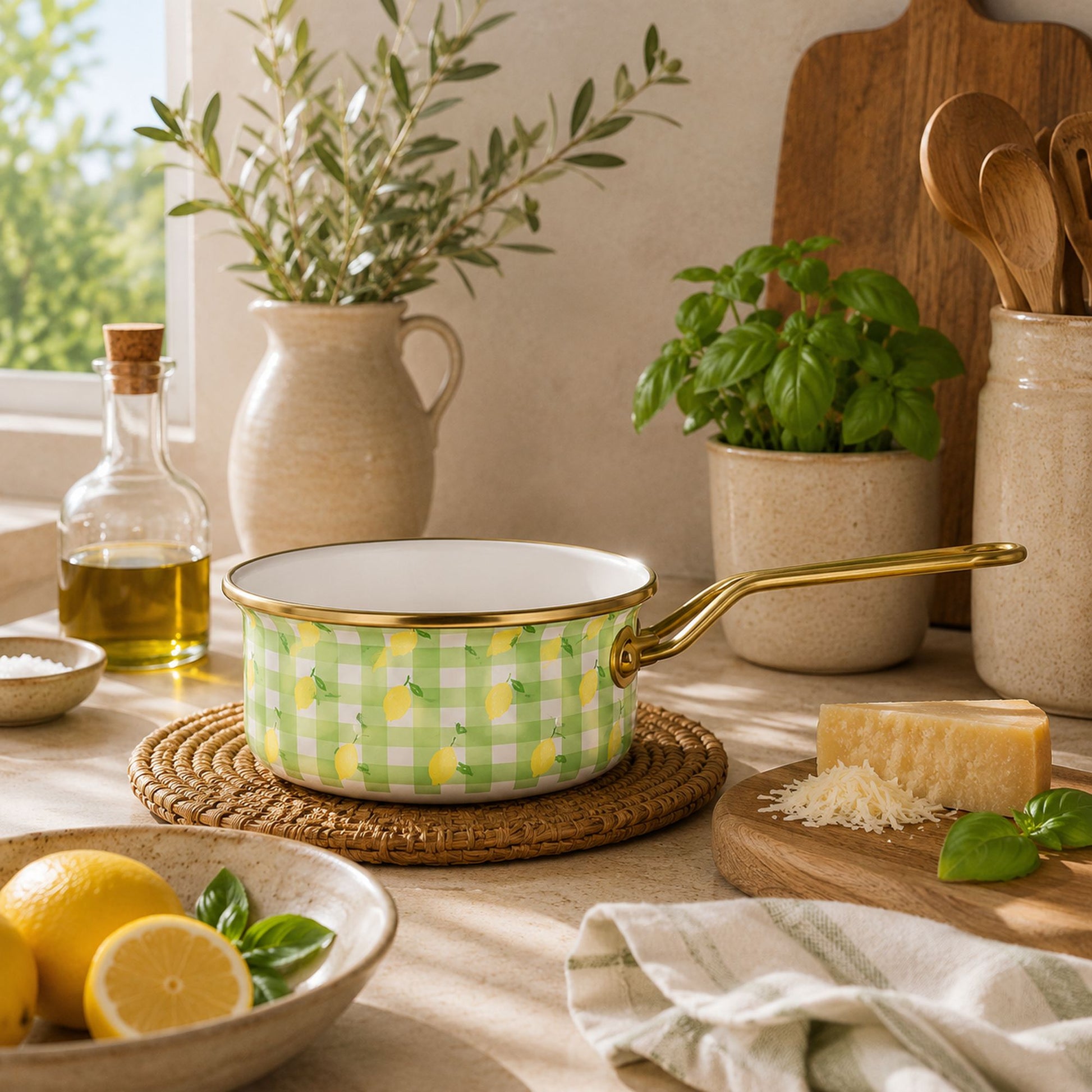 Casserole Vichy Citron 18cm motif carreaux verts et citrons, posée sur dessous-de-plat tressé dans cuisine lumineuse