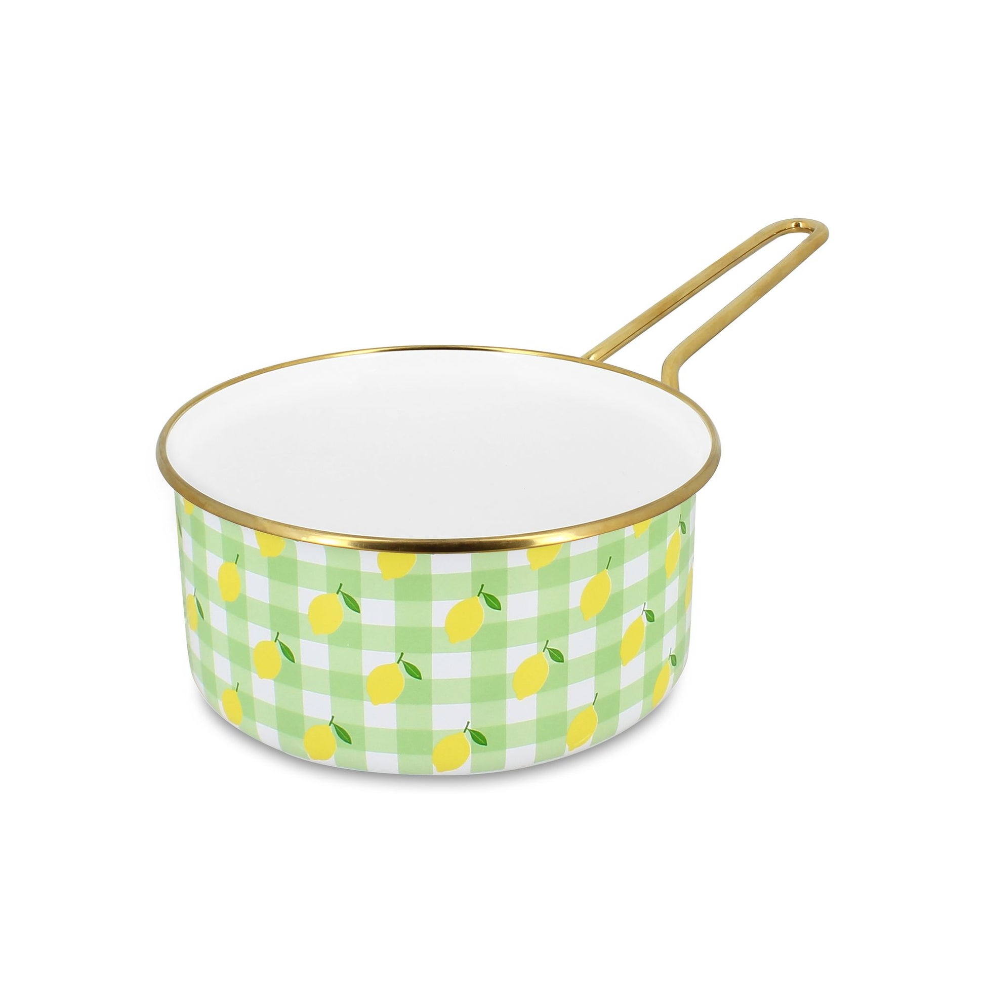 Casserole 18cm Vichy Citron en acier émaillé Menastyl, motif carreaux verts et citrons jaunes, liseré doré