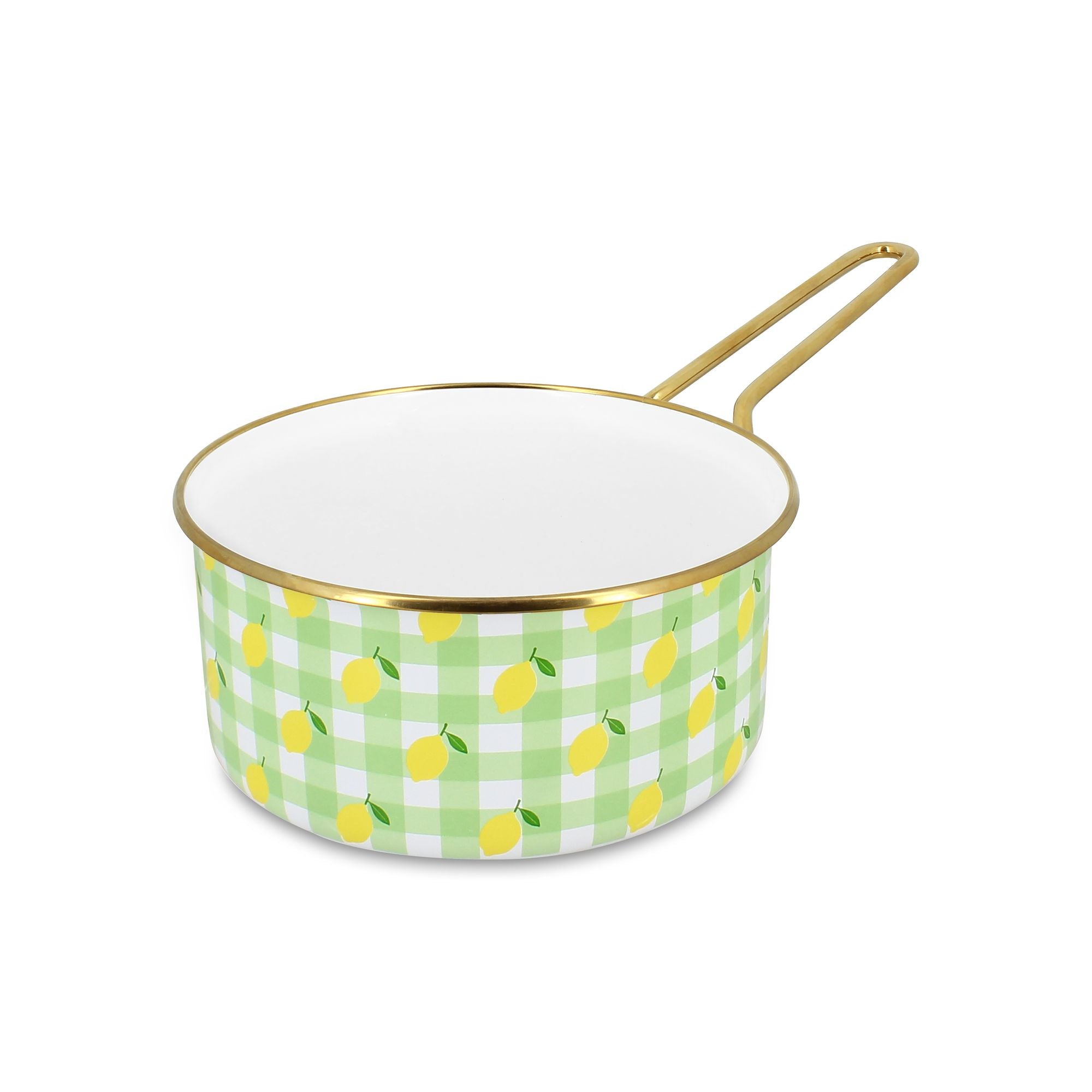 Casserole 18cm Vichy Citron en acier émaillé Menastyl, motif carreaux verts et citrons jaunes, liseré doré