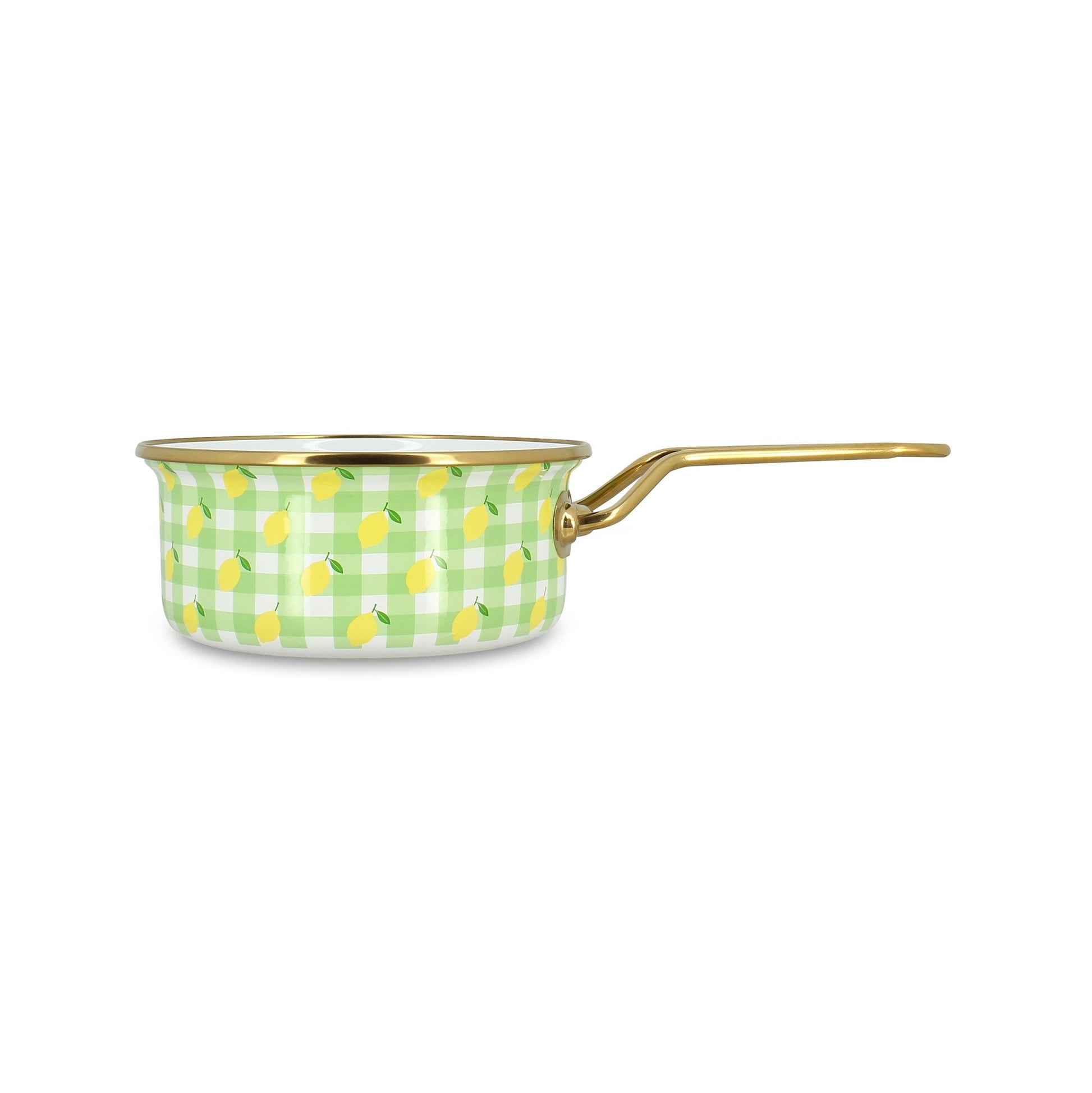 Casserole 18cm Vichy Citron en acier émaillé vert à carreaux avec motifs citrons, vue de profil avec anse dorée