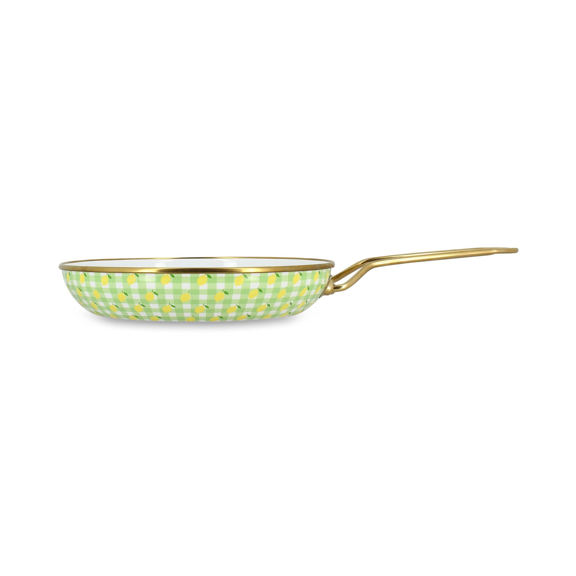 Poêle Vichy Citron 20cm en acier émaillé Menastyl, motif carreaux verts et citrons jaunes, manche doré