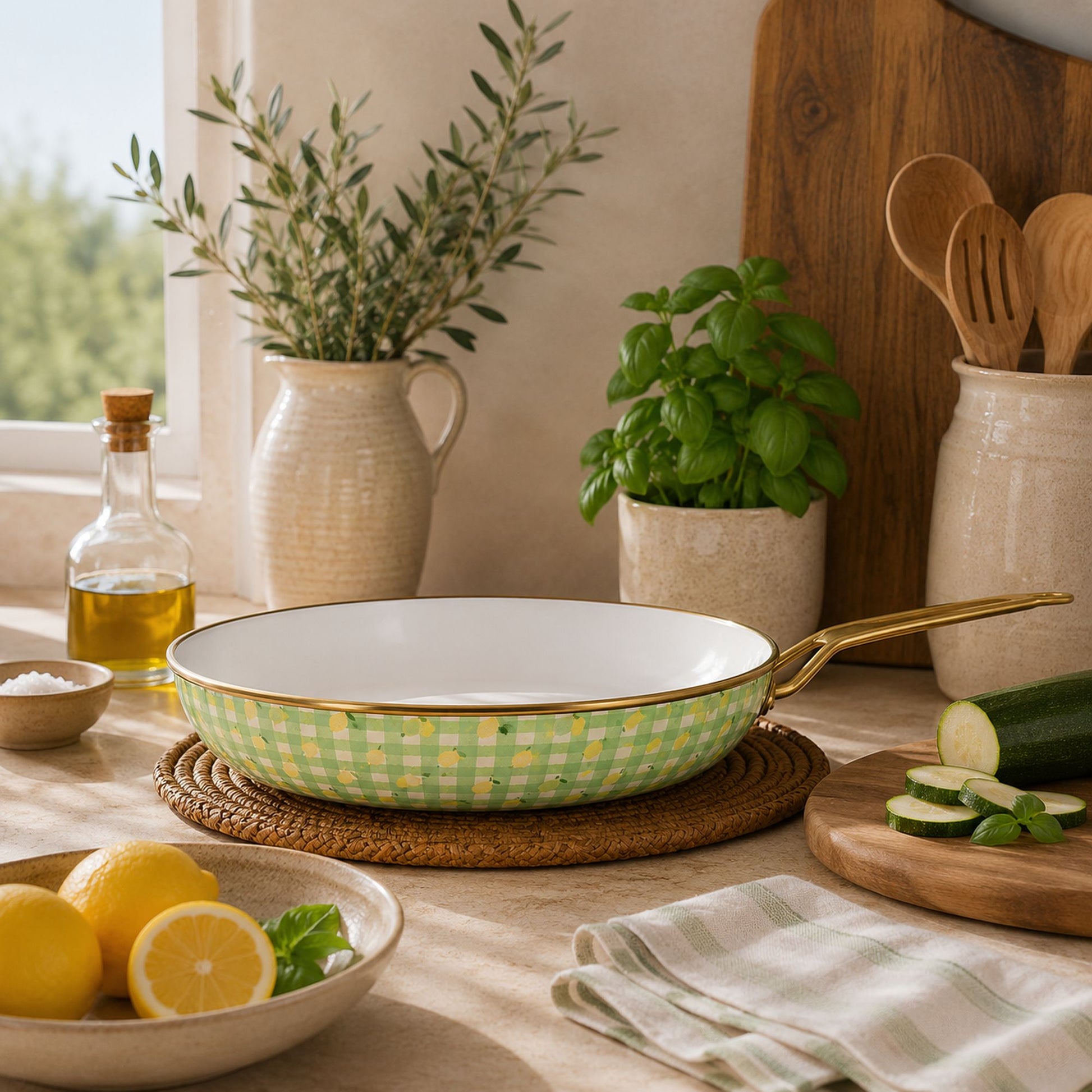 Poêle Vichy Citron 28cm motif vichy vert et jaune, mise en scène cuisine avec ingrédients frais et herbes