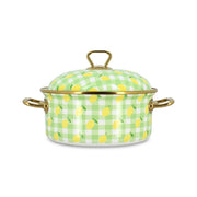 Faitout Vichy Citron 20cm Menastyl en acier émaillé à motif vichy vert et citrons jaunes, avec couvercle et poignées dorées