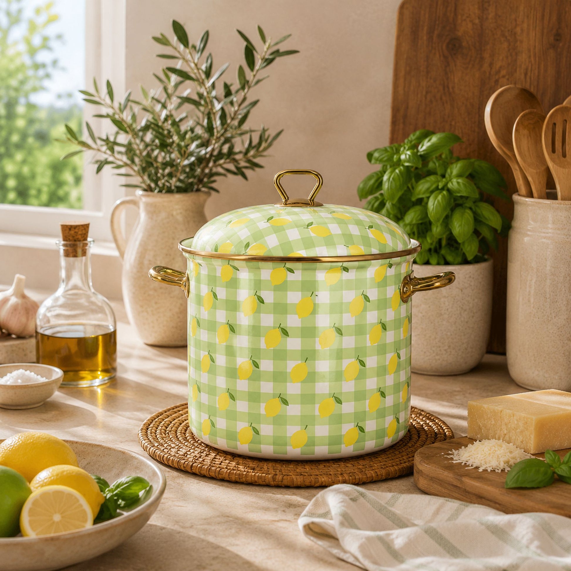 Marmite Vichy Citron 24cm en acier émaillé, décor vichy vert et citrons jaunes, ambiance cuisine champêtre