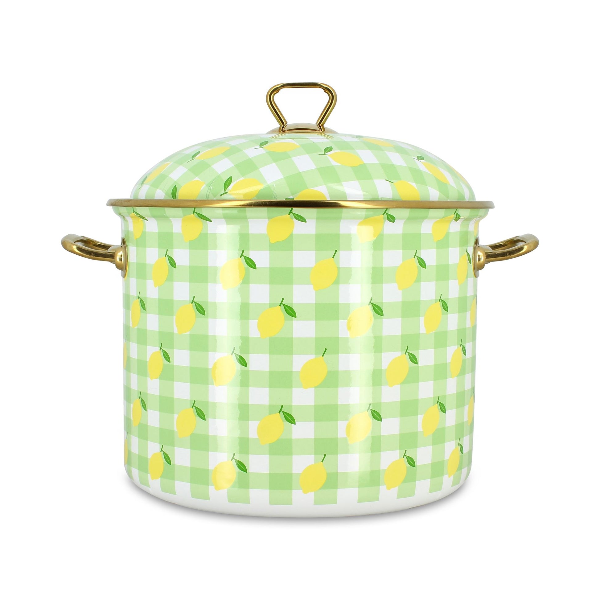 Marmite Vichy Citron 24cm en acier émaillé Menastyl, motif vichy vert et citrons jaunes, anses dorées