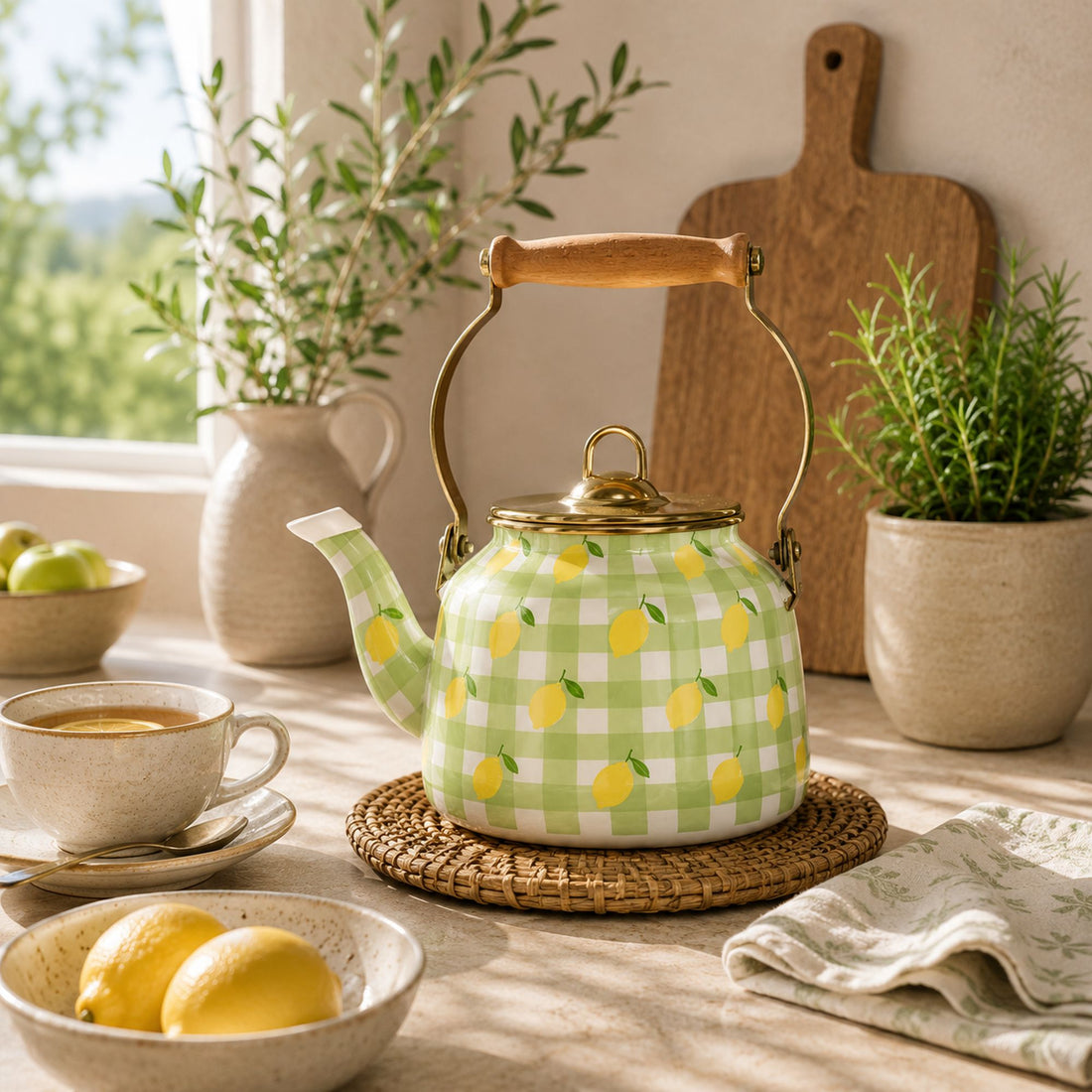 Bouilloire Vichy Citron 2.5L en acier émaillé avec motif carreaux verts et citrons, posée sur table ensoleillée
