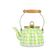 Bouilloire Vichy Citron 2.5L Menastyl en acier émaillé, motif vichy vert et citrons jaunes, anse en bois