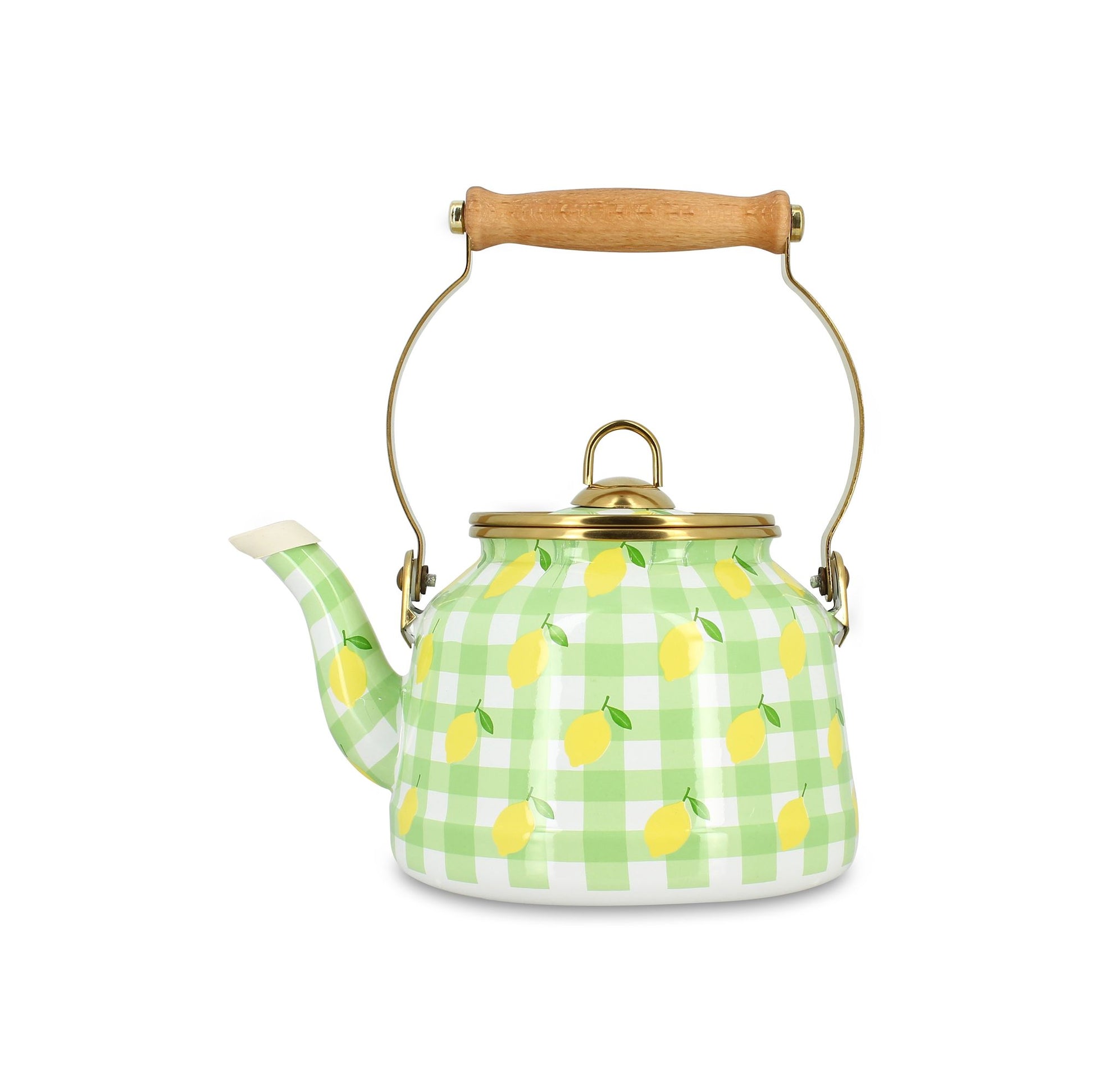 Bouilloire Vichy Citron 2.5L Menastyl en acier émaillé, motif vichy vert et citrons jaunes, anse en bois