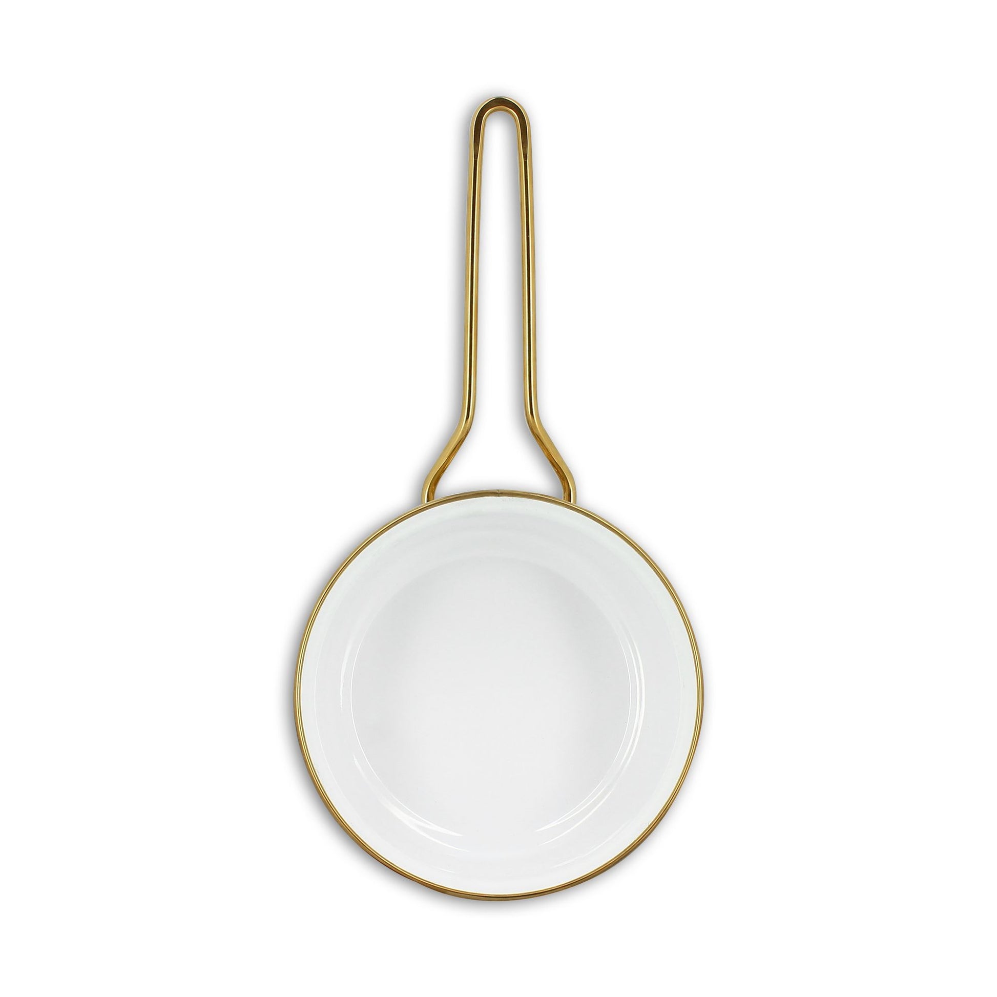 Vue de dessus casserole Daisy 18cm en acier émaillé blanc, cerclage doré et long manche tubulaire