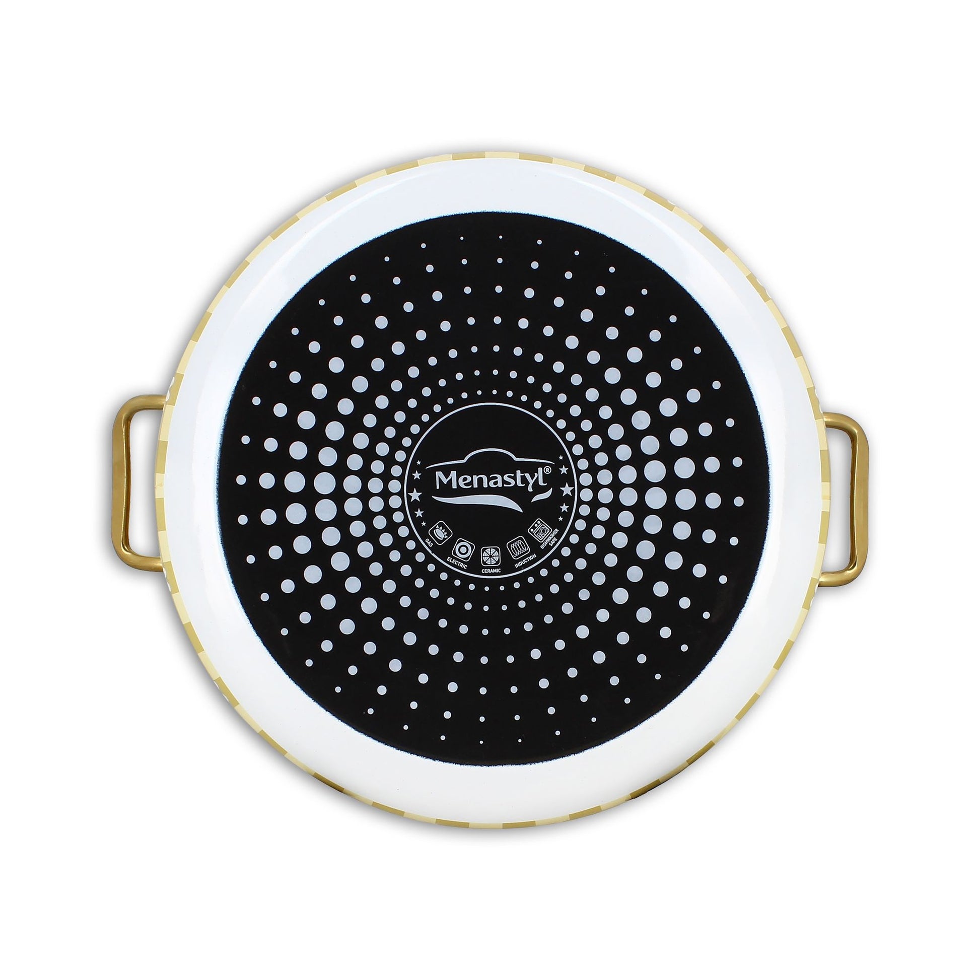 Vue de dessous de la marmite Daisy 24cm, fond noir à pois blancs en acier émaillé avec anses dorées