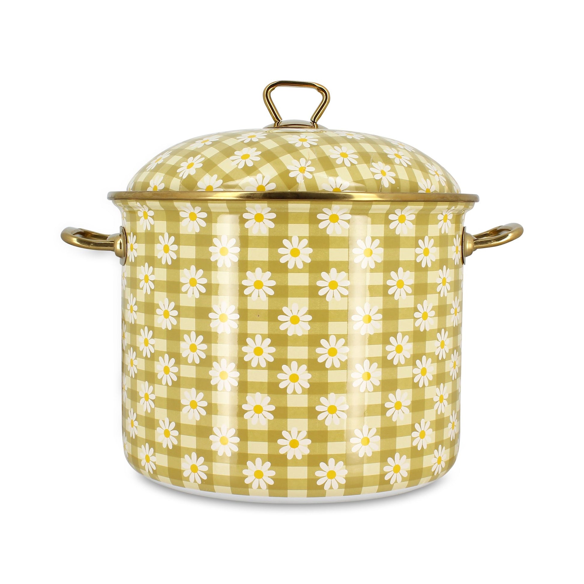 Marmite Daisy 24cm en acier émaillé Menastyl, motif à carreaux verts et marguerites blanches avec couvercle