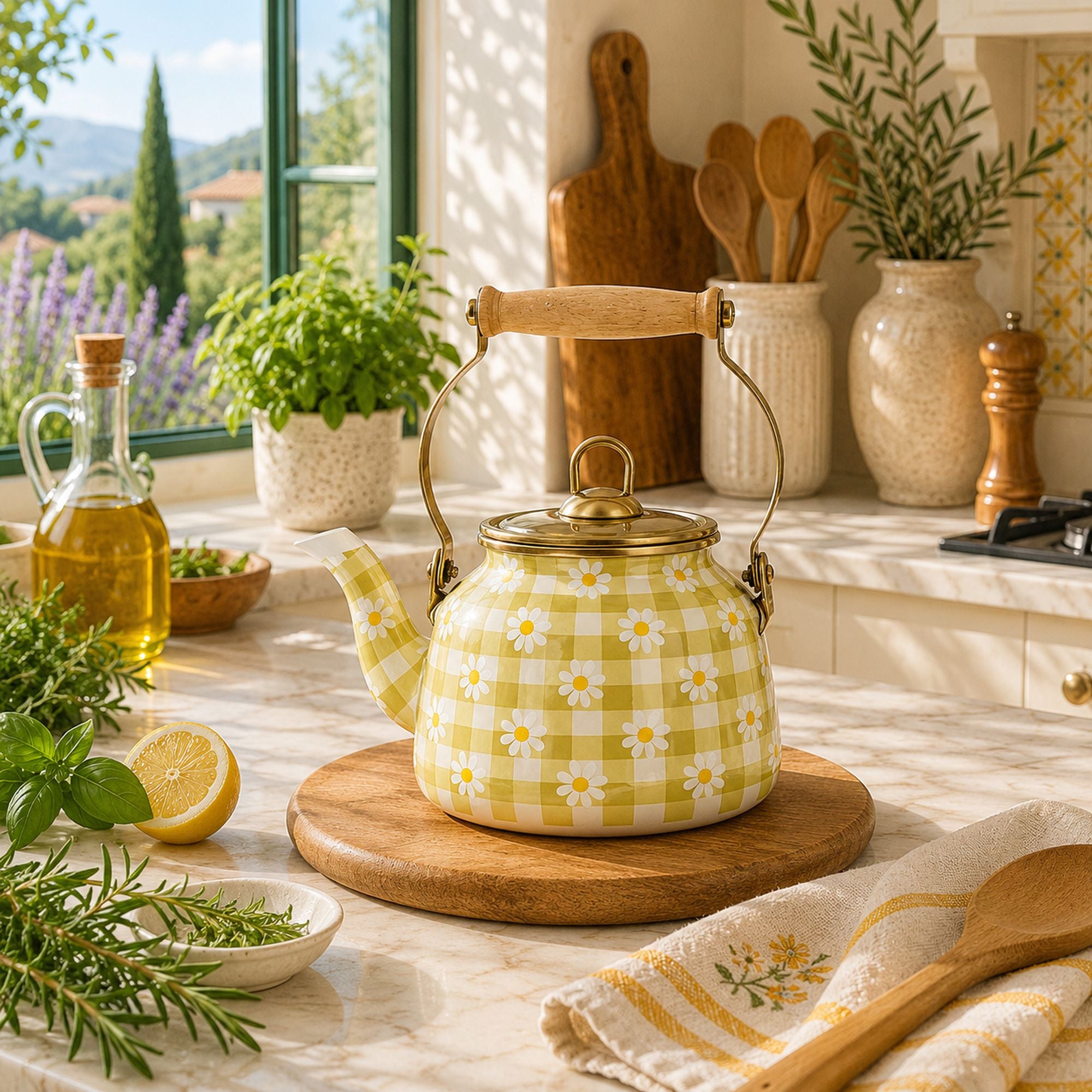 Bouilloire Daisy 2.5L jaune à carreaux vichy et marguerites blanches, posée sur planche ronde dans cuisine ensoleillée