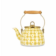 Bouilloire Daisy 2.5L en acier émaillé jaune à carreaux vichy et motifs marguerites Menastyl, vue de face
