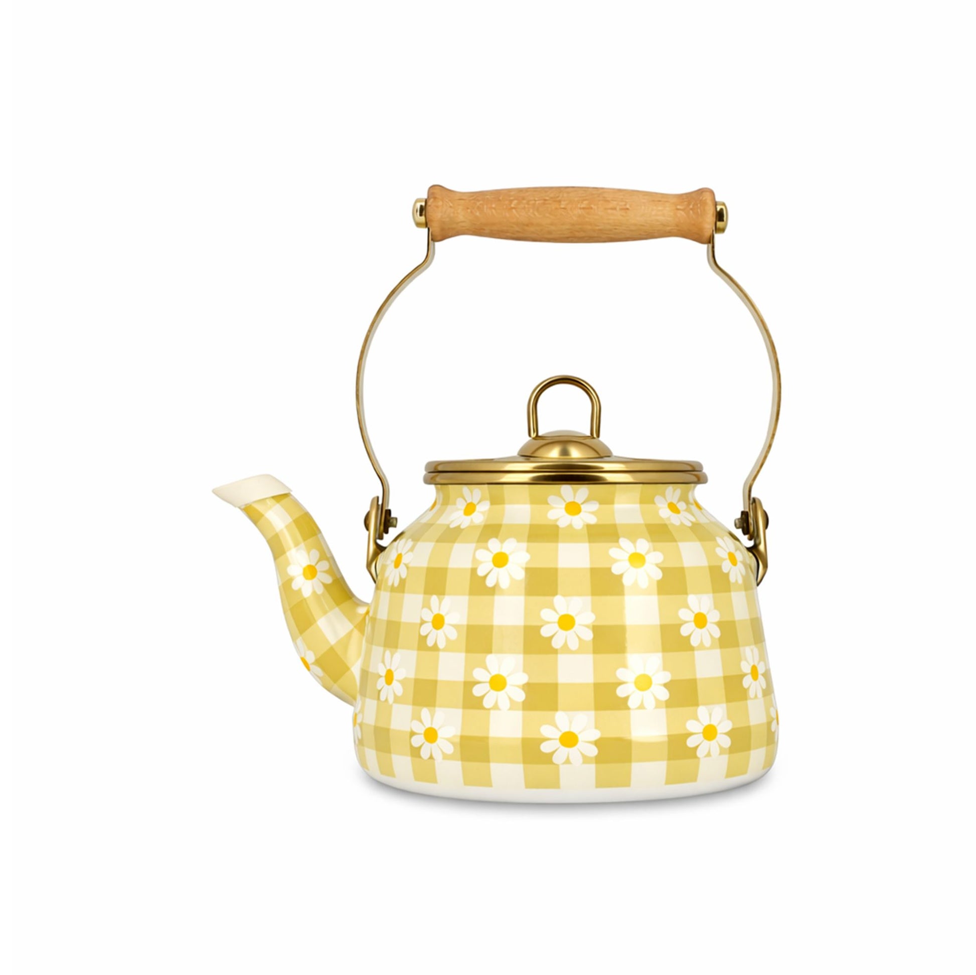Bouilloire Daisy 2.5L en acier émaillé jaune à carreaux vichy et motifs marguerites Menastyl, vue de face