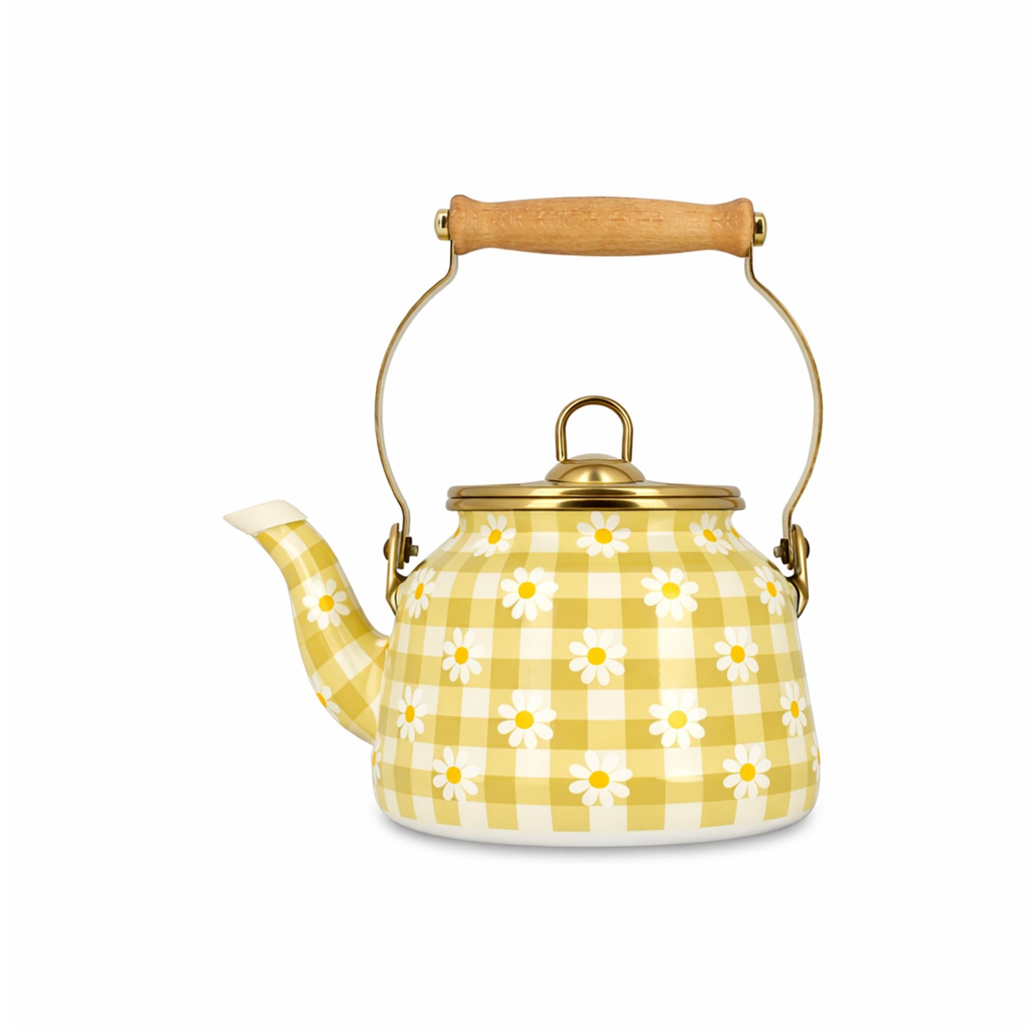 Bouilloire Daisy 2.5L en acier émaillé jaune à carreaux vichy et motifs marguerites Menastyl, vue de face