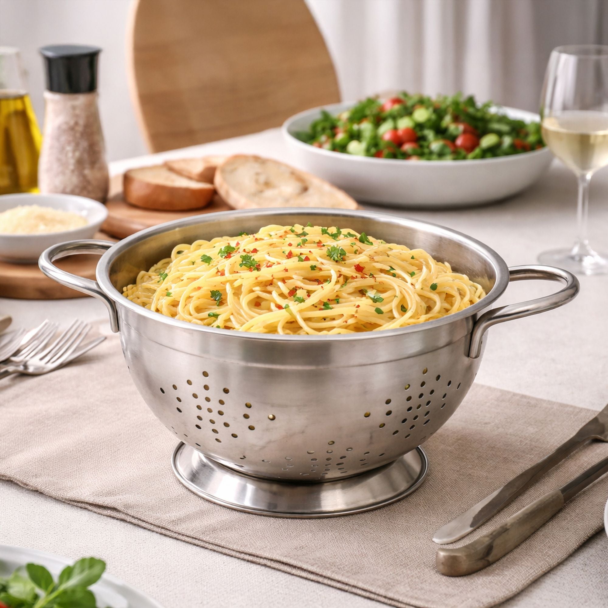 Passoire 26cm en acier inoxydable remplie de spaghetti aglio e olio, vue de face sur table dressée