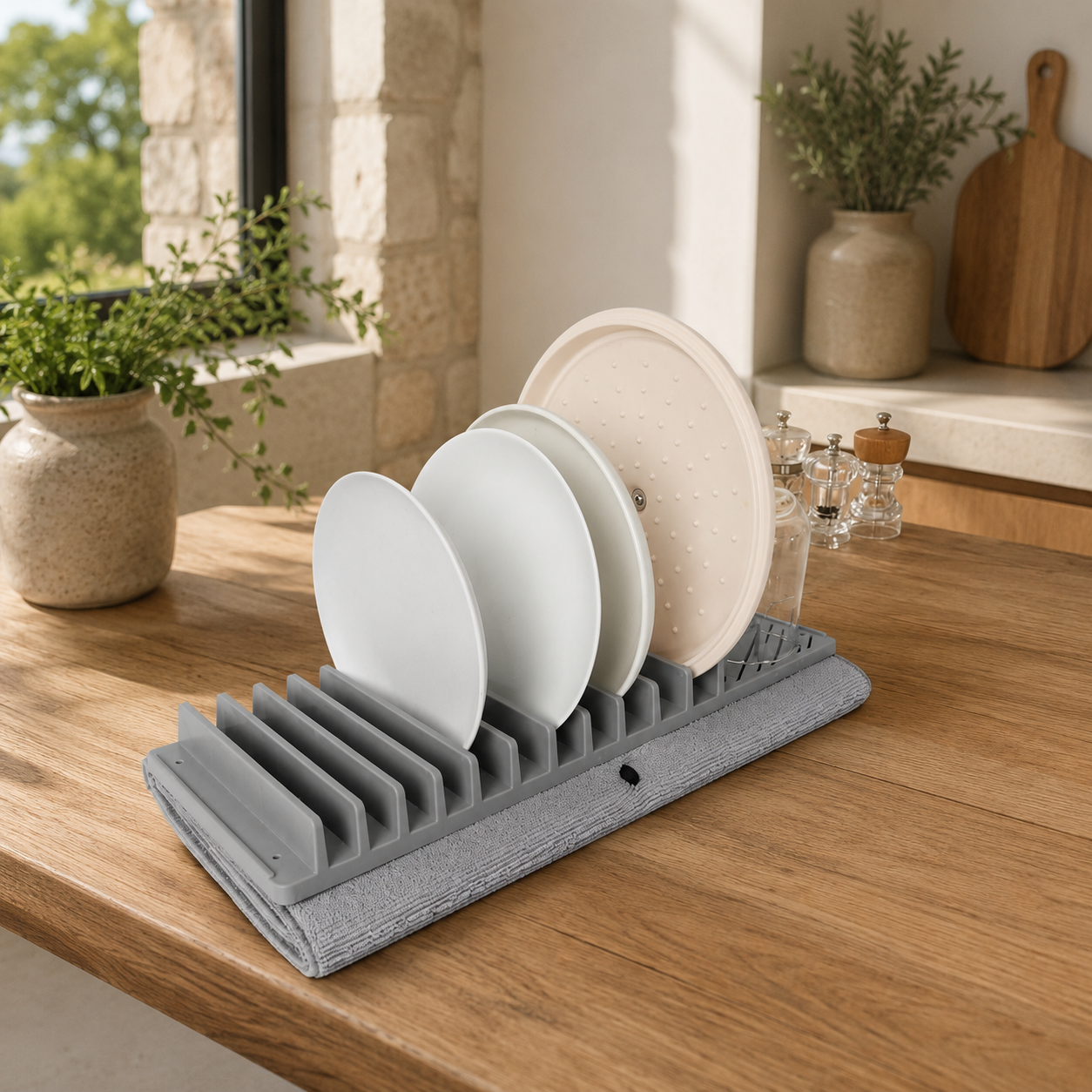 Égouttoir à vaisselle gris avec tapis microfibre et 3 assiettes blanches, posé sur plan de travail en bois dans cuisine moderne