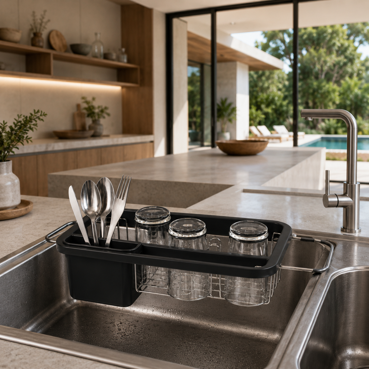 Égouttoir extensible en polypropylène noir et acier posé sur évier moderne, vue dans cuisine design