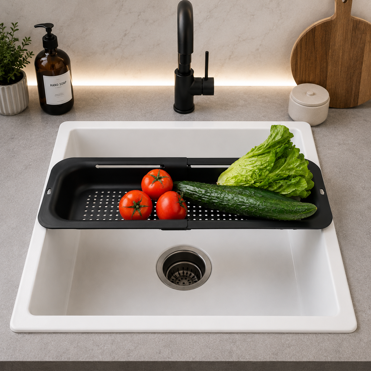 Panier égouttoir extensible noir sur évier blanc avec tomates, concombres et salade fraîche