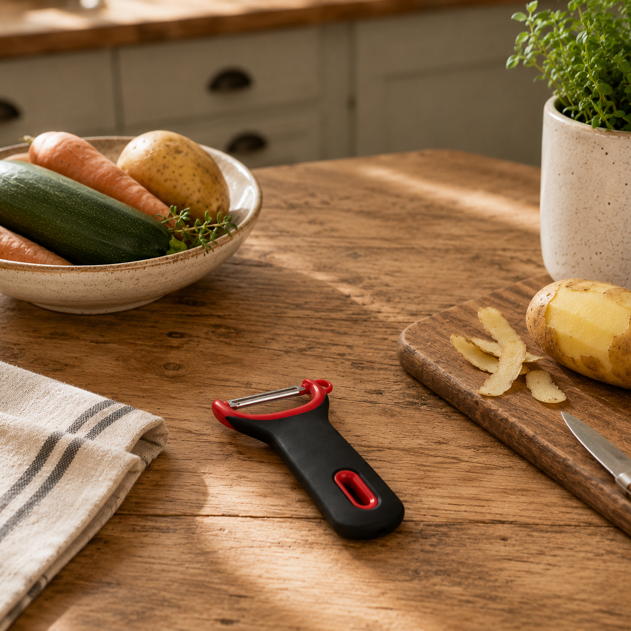 Éplucheur inox avec manche noir et rouge sur table en bois, à côté de pommes de terre épluchées et légumes frais