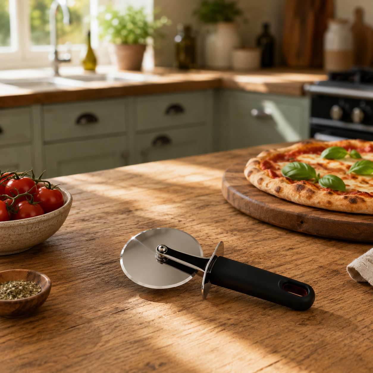Roulette à pizza en acier inoxydable avec manche noir, posée sur plan de travail bois près d'une pizza margherita