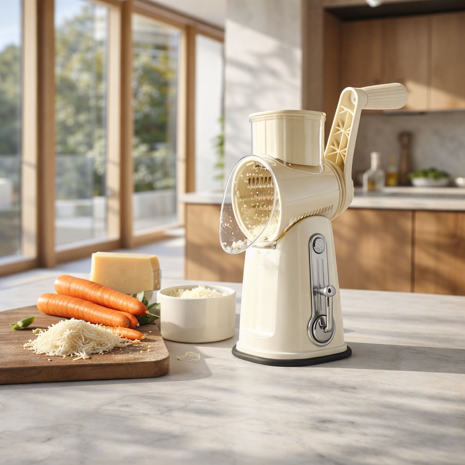 Mandoline rotative en polypropylène beige avec râpe cylindrique, posée sur plan de travail avec carottes et fromage râpé